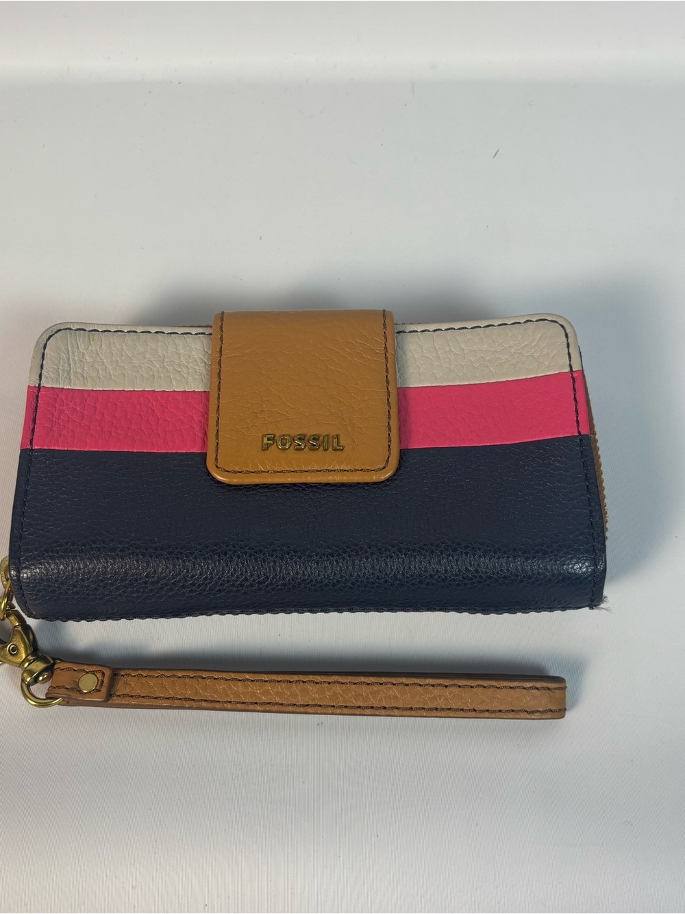 Fossil Womens Madison Zip Clutch Blue Pink Gray Leather Wallet Wristlet EUC